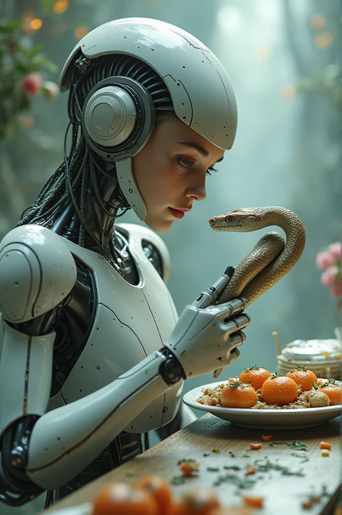 Robot girl eat the snake with lunch