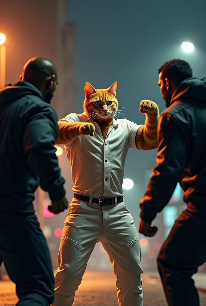 Ek muscular ginger cat jisne white shirt or pent pehni h wo gunddo se jinhone black jacket and pant pehni  lad rha h  seen cat gundo ko face par mukka jadte huye or night ka seen h or road ka seen h