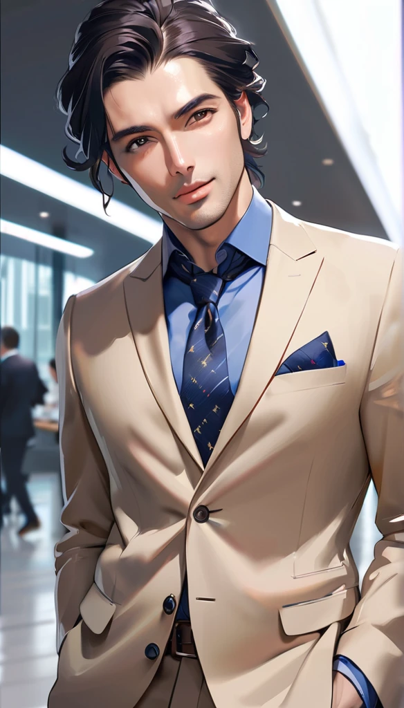 1man, solo, side parted hairstyle, black hair, black eyes, beige lips, 40 years old, smile,wear a gray suit, cowboy shot, company office, looking at viewer, (opened mouth:1.3)