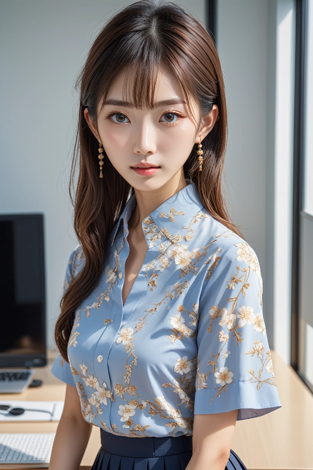 japanese women, detailed facial features,blouse, tuiie mini skirt, professional photography, (best quality,4k,8k,highres,masterpiece:1.5),ultra-detailed,(realistic,photorealistic,photo-realistic:1.37),intricate details,delicate skin,soft lighting,warm tones,cinematic,portrait,simple office,