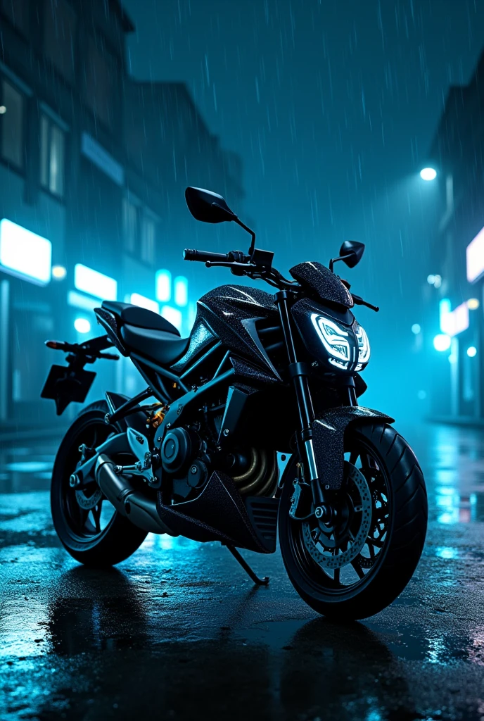 Black 350 cc bullet in night in rain some blue neon light