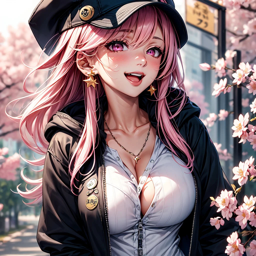 (masterpiece:1.2), best quality,PIXIV, beautiful Rebellious girl,portrait,
1girl, hat, open mouth, glossy lips, pink hair, solo, mischievous smile, long hair, white background, jewelry, badge, button badge, hood, pink eyes, earrings, simple background, harajuku inspired jacket, long eyelashes, from side, hood down, star (symbol), profile, upper body, clothes writing, zipper, collar, massive accentuated super huge enormously gigantic breasts, chain, sexy seductive, cherry blossoms blowing in the wind, hat ornament, piercing, barcode, portrait, sticker, hoodie, smile, spikes, baseball cap