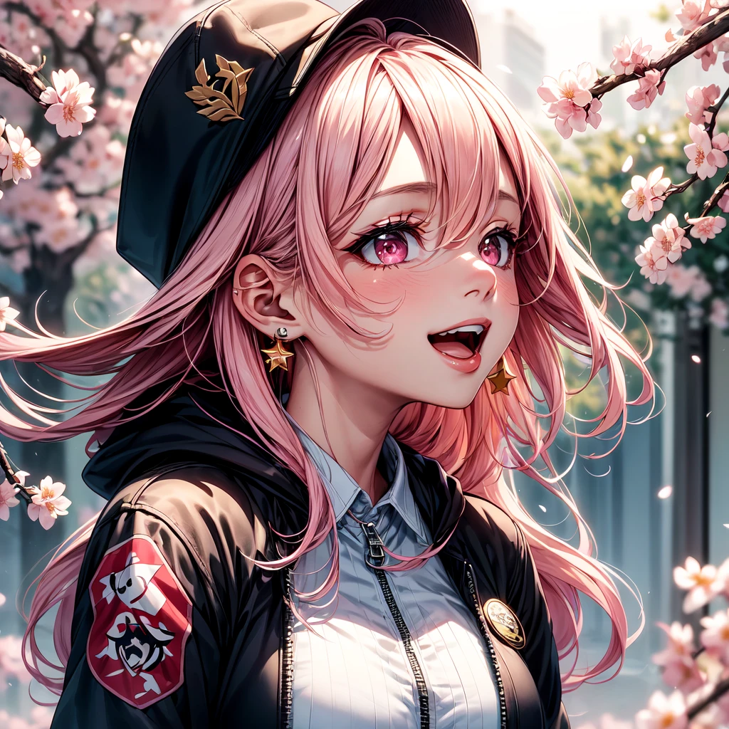 (masterpiece:1.2), best quality,PIXIV, beautiful Rebellious girl,portrait, 
1girl, hat, open mouth, glossy lips, pink hair, solo, mischievous smile, long hair, white background, jewelry, badge, button badge, hood, pink eyes, earrings, simple background, harajuku inspired jacket, long eyelashes, from side, hood down, star (symbol), profile, upper body, clothes writing, zipper, collar, massive accentuated super huge enormously gigantic breasts, chain, sexy seductive, cherry blossoms blowing in the wind, hat ornament, piercing, barcode, portrait, sticker, hoodie, smile, spikes, baseball cap
 