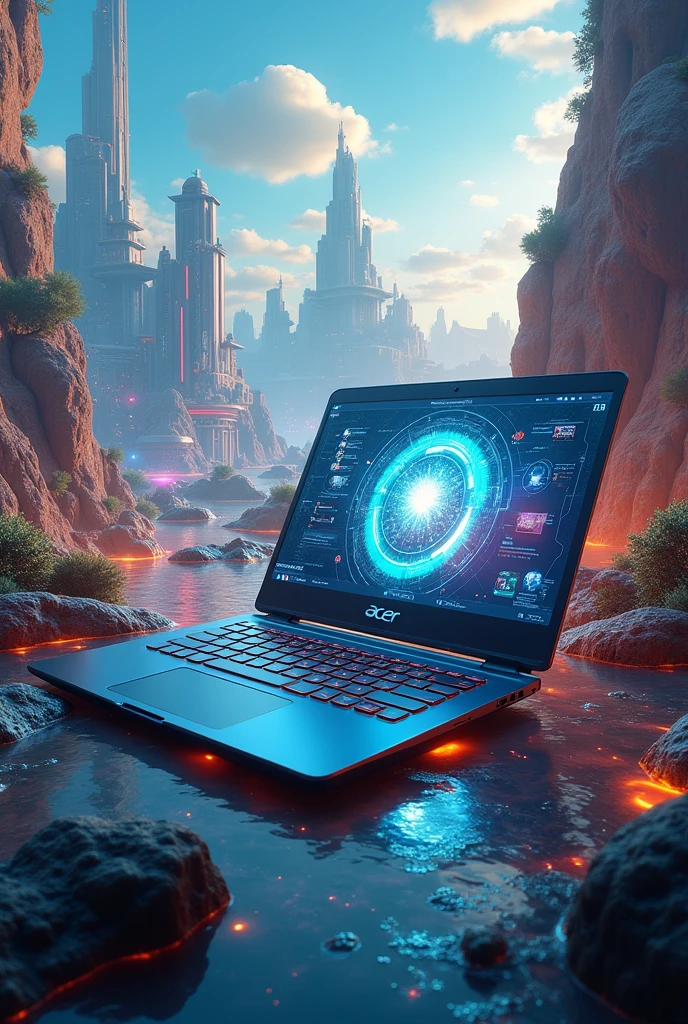 /img Acer laptop theme Real and Game world adventure of the future world. The picture is divided into two sides, left and right. The front part is an Acer laptop.