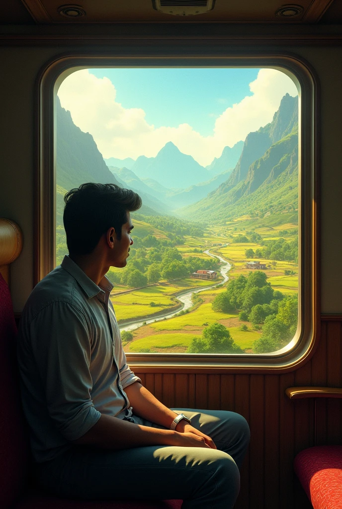 A man travelling in train in india with beautiful nature view