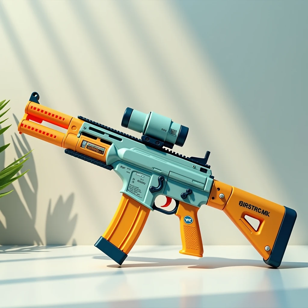 Mini double water gun toy,Integrated rifle mount,Transparent magazine and scope recessed,(Similar structure to M416),(Double muzzle),Smooth lines,Plastic material,Three-color Morandi color matching,high quality,Professional Product Photography,Table background,3d, OC Rendering,8K,