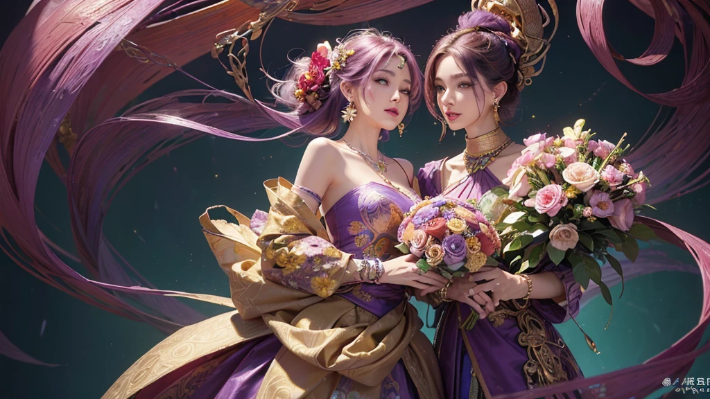 32K, 最高quality, 最高masterpiece, (ultra-Detailed Background, Detailed Background), High resolution, Super detailed, Very detailedな, 1 personの, (bouquet:1.3), (Tangled:1.2), (Geometric:1.2),(colorful),(masterpiece, quality, best quality, Official Art, Beautiful and beautiful:1.2), (1 person:1.3), Very detailed,(colorful:1.1)(Flowers:1.3),Most detailed,(Tangled:1.2), whole body, (Abstract background:1.3), (Skin glows), (Many colors:1.4), ,(Earrings Jewelry:1.5), Purple-red pale background, It's imaginative., Milk tea colored hair,