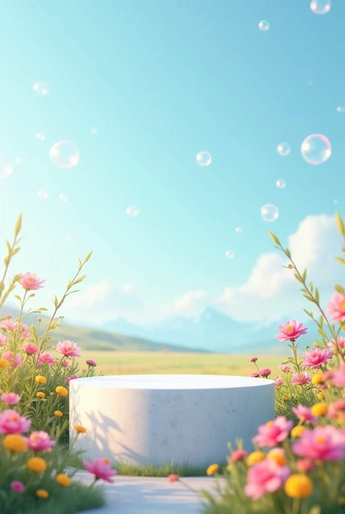 white podium made of white Stone in a spring field of color file flowers. Image should show the blue sky with blue clear bubbles  floating around. 
