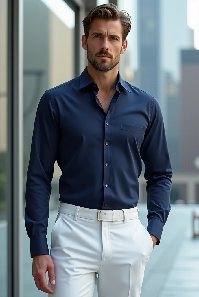 Navy blue shirt white pant 