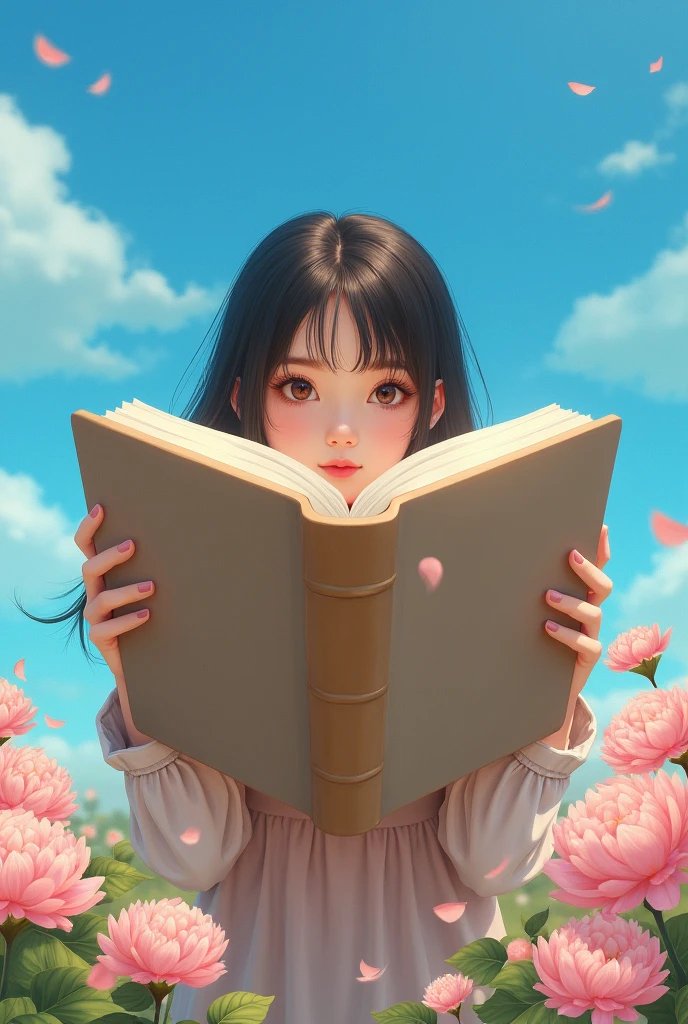 A  is standing behind a big book and she is looking at us, the sky is blue and there is pink flowers on the floor 