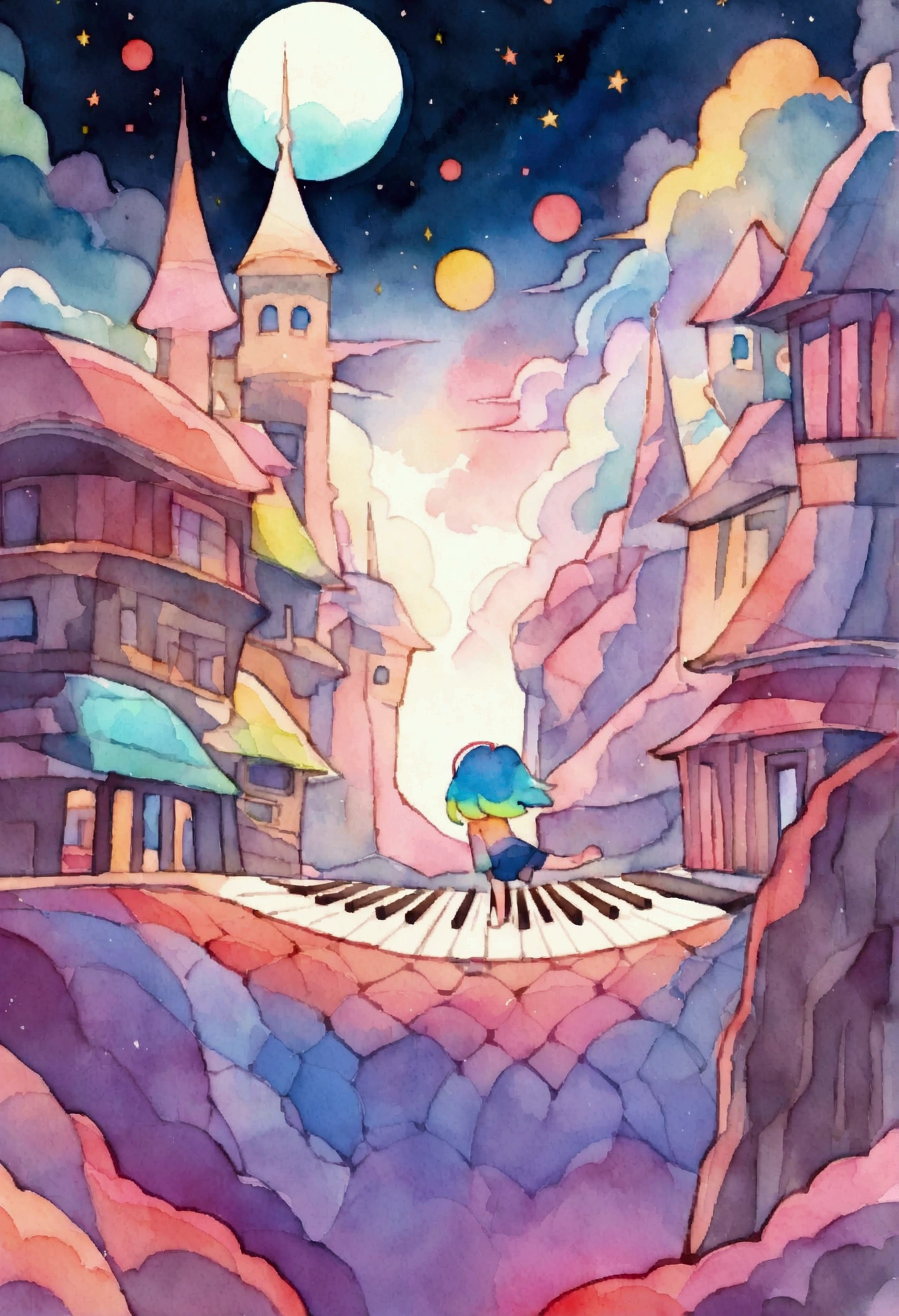 Hippie streetscape continues to dream, Night Light,play piano,Neon Landscape, Simulates a color theme, Lo-fi hip hop , review, flat,黒と Watercolor, Large slope, Watercolor, Gas Color, Studio Ghibli style, Vibrant colors, Outer Ton, Jpop Lofi Art, amplitude,Psychedelic atmosphere, masterpiece, Technically sophisticated