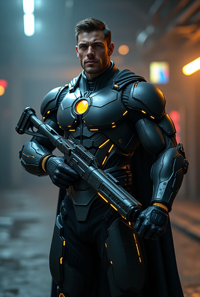 a muscular superhero in a high-tech futuristic armor, ultra detailed, 8k, hyperrealistic, (best quality,4k,8k,highres,masterpiece:1.2),ultra-detailed,(realistic,photorealistic,photo-realistic:1.37),highly detailed mechanical arm gun, hyper-detailed mechanical gun, advanced technology, glowing energy, dramatic lighting, cinematic composition, dark sci-fi, moody colors, dramatic shadows