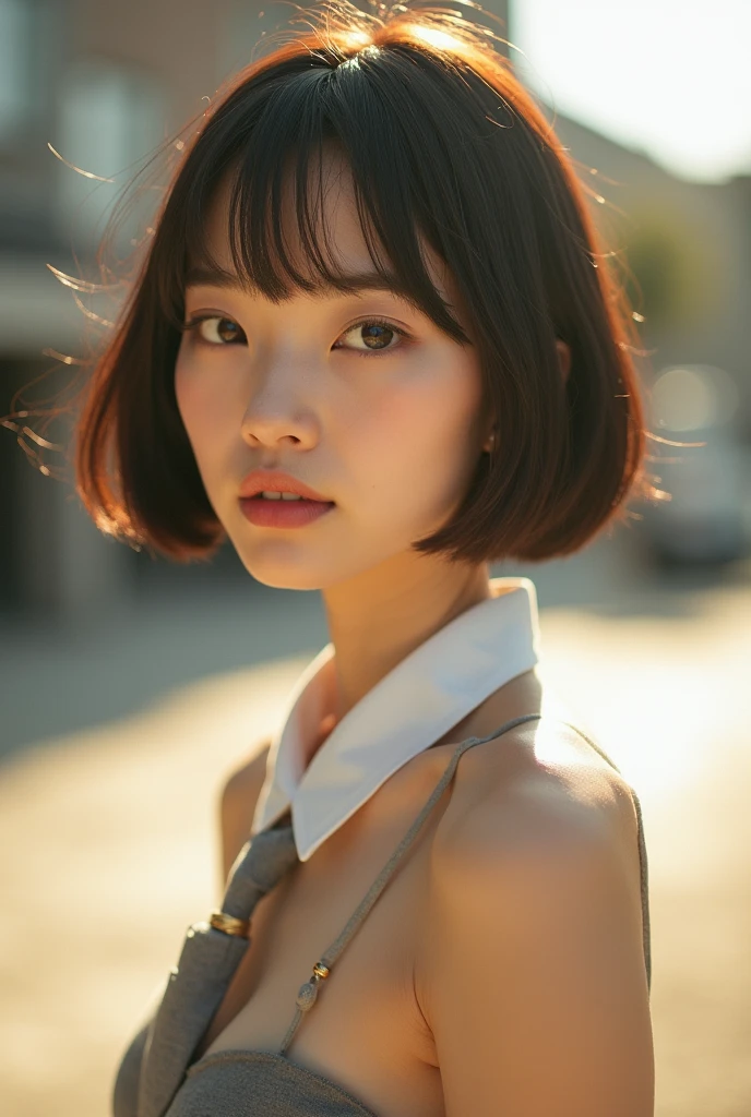 You are a professional photographer。Highest quality, masterpiece, Ultra-high resolution, (Realistic), Spread your legs、RAW Photos, Japanese Idols、Bob Hair、Whole Body Ezbian、tie、bracelet、Highly detailed face and skin texture, Delicate eyes, single eyelid、Cool Beauty,under the sun