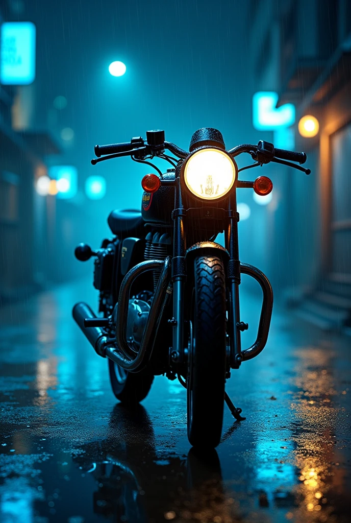 Black 350 cc bullet royal Enfield in night in rain some blue neon light