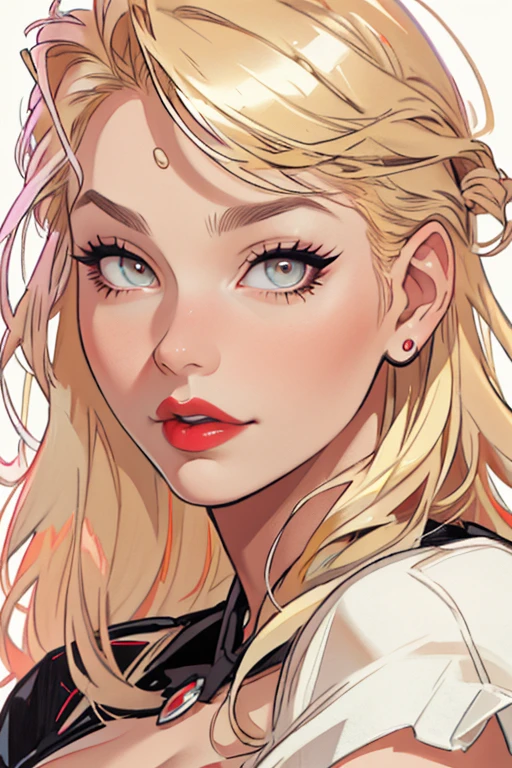 blond woman with big breast posing for a picture in a white shirt, wide golden eyes and red lips, sexy face with full makeup, blonde hair and large eyes, profile image, kailee mandel, perfect face ), anastasia ovchinnikova, headshot profile picture, thick red lips, red lips, aleksandra waliszewska, inspired by Elsa Bleda