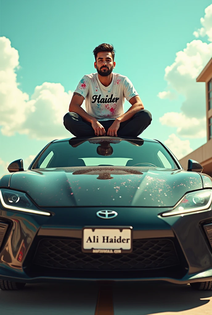 Here is the revised paragraph:
"I'm sitting on top of a large car, feeling like a king. The vehicle is sleek and shiny, with a gleaming paint job that catches the eye. The license plate reads 'Ali Haider' in bold letters, matching the name emblazoned across the back of my paint-splattered shirt. I'm wearing the shirt comfortably, and the sun is shining down on me, adding to my sense of freedom and joy as I perch atop this massive machine."
Let me know if you'd like any further changes!