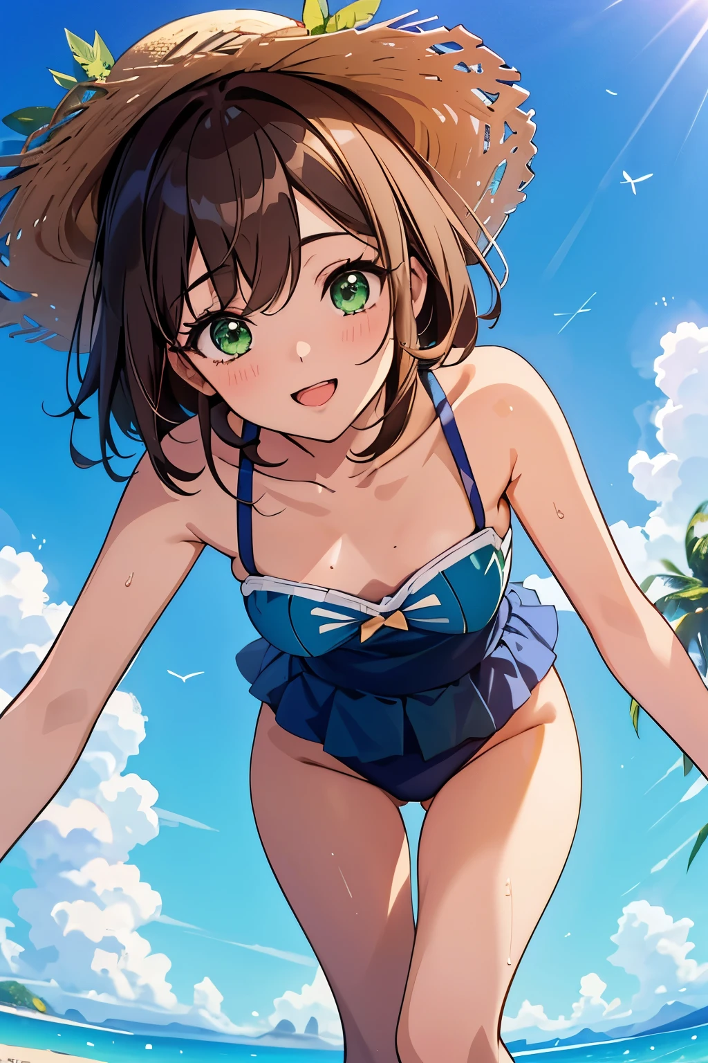 ((masterpiece, Highest quality, High resolution, 超High resolution, Pixel perfect, Written boundary depth, 4K, RTTX 10.0, High resolution))), 1 person, single, alone, Beautiful Anime, Beautiful art style, Anime characters, ((Shortcuts, bangs, Dark brown hair)), ((Green Eyes:1.4, Round eyes, Beautiful eyelashes, current eyes)), ((Smooth texture:0.75, Anime CG style)), ((Dynamic Angle, close)), Perfect body, (cute), Normal chest, whole body, ((4K, 8k, Highest quality, Perfect Fingers: 1.3, Perfect Anatomy: 1.3, Background Blur)), whole bodyアングル, Illustrations depicting summer memories, The character is a girl with a bright smile.、Having a good time with friends under the blue sky, She plays on the beach and by the pool, Blue sky on background, White cloud, Sandy beaches and lush greenery、A landscape symbolizing summer unfolds