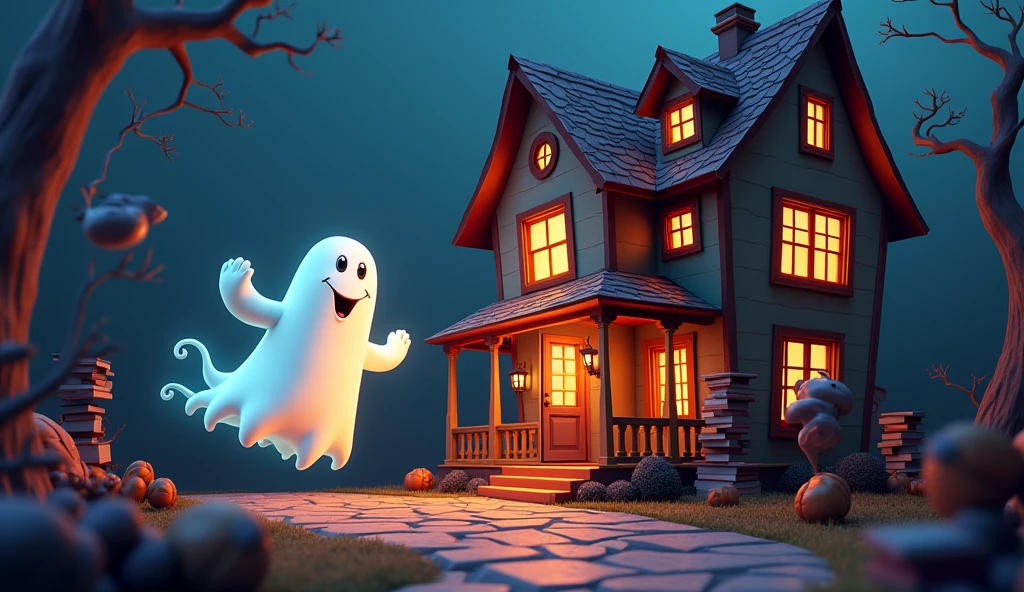 3d cartoon style कि उस घर में एक आत्मा भटकती है,