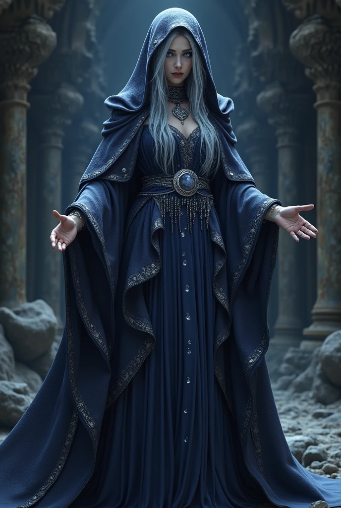 Clothing and Armor
Robes: Flowing robes in deep midnight blue or dark purple, symbolizing the night sky and the realm of Azura. The fabric has a subtle shimmer, reminiscent of starlight, with silver or white embroidery depicting crescent moons and stars.
Amulet: An Amulet of Azura hangs around their neck, featuring the crescent moon and star emblem associated with the Daedric Prince.
Cloak: A hooded cloak in matching dark colors, lined with silver, adds to their mysterious appearance and provides protection from the cold.
Accessories
Sash: A silver or black sash around their waist, often with small, hanging charms or crystals that catch the light, symbolizing the stars.
Gloves: Delicate gloves, possibly embroidered with intricate designs that echo celestial patterns.
Boots: Soft leather boots, dyed in dark shades, allowing for quiet movement.
Physical Appearance
Hair: Long and flowing, either left loose or intricately braided, in shades of black, silver, or deep blue. The hair might be adorned with small silver ornaments or beads.
Eyes: Piercing and reflective, in shades of deep blue, violet, or even silver, with a slightly ethereal glow.
Complexion: Pale, with a smooth, almost porcelain-like quality, enhancing their otherworldly aura.
Personal Items
Staff or Dagger: A staff or dagger, imbued with magical energy, possibly reflecting the light of the moon, symbolizing Azura’s power over magic and fate.
Crystal or Gemstone: A small, enchanted crystal or gemstone carried in a pouch, used in rituals or as a focus for their worship.
Overall Demeanor
Aura: They radiate a calm, mystical energy, with a deep connection to the celestial and the divine.
Voice: Soft, melodic, and slightly haunting, with an accent that adds to their enigmatic nature.