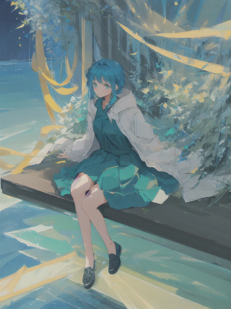 a girl , blue+green color dress sitting in a park , night star sky 