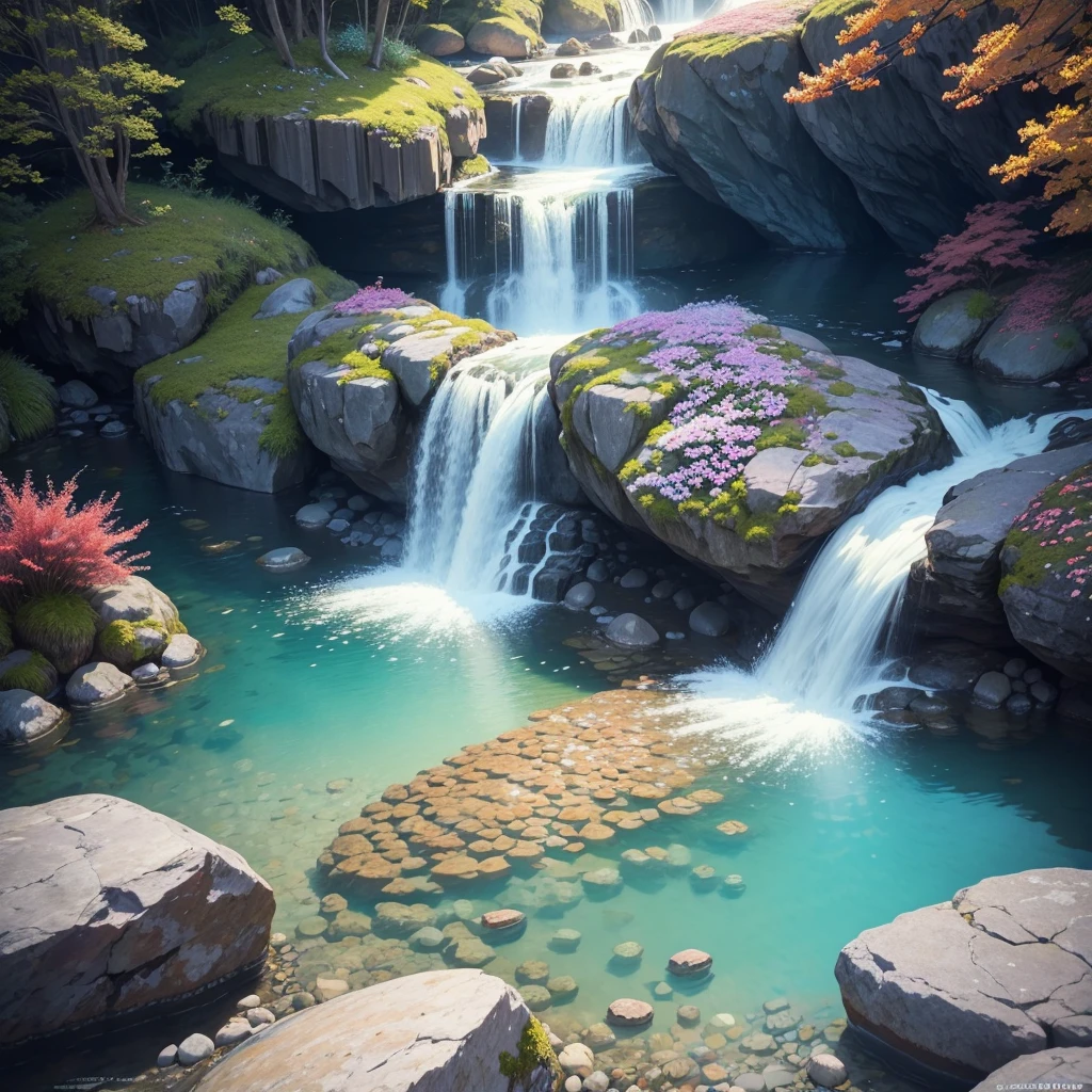 Waterfall,spring season,beautiful weather,different kinds of colorful rock under water,colorful leaves floating on water,a strong and wide water stream coming from mountain,medium wide river, blue bright sunny sky with some cotton like clouds,Vast sky,clear crystal water,4k quality,koi fish and salmon fish,detailed picture,detailed and realistic picture,natural,etc.