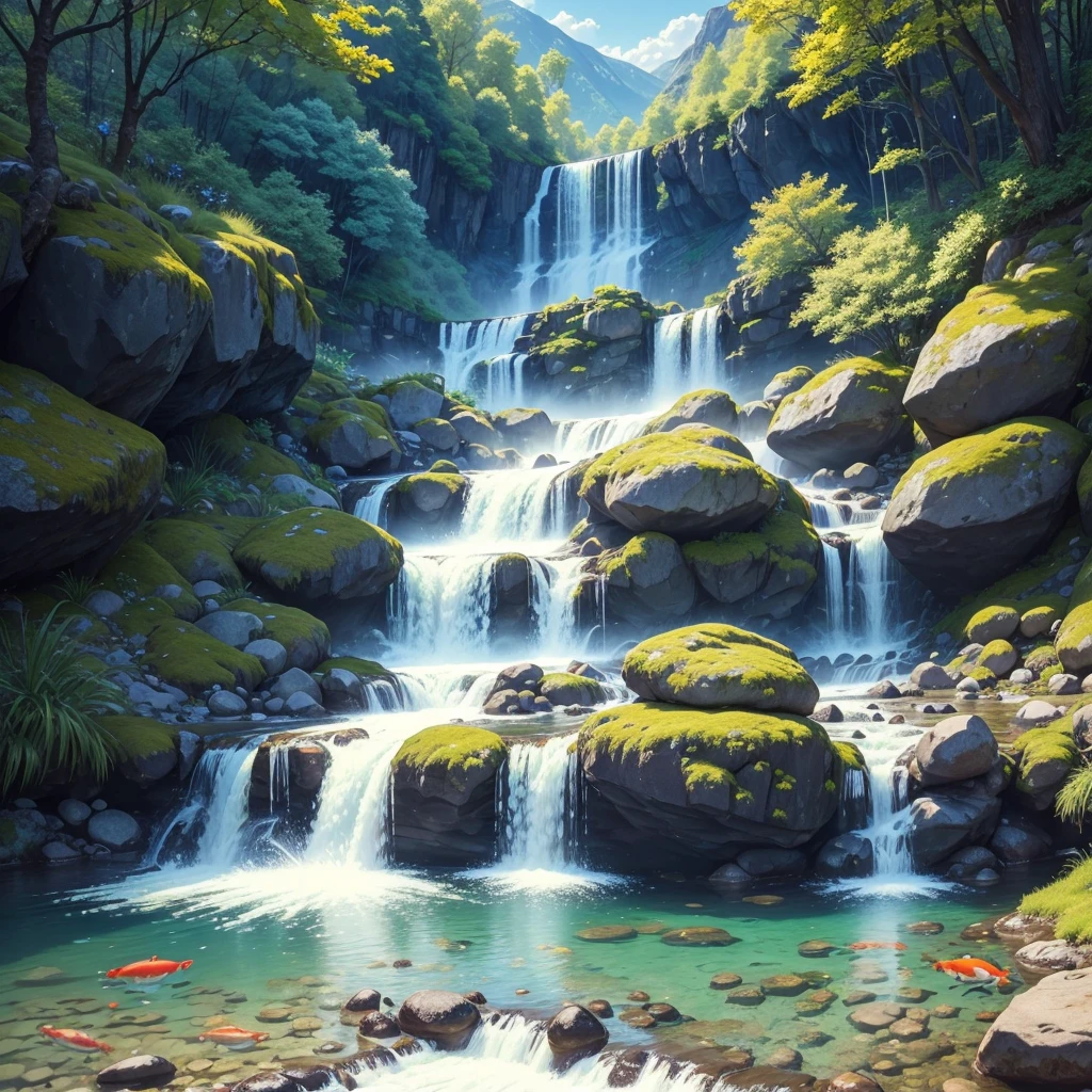 Waterfall,spring season,beautiful weather,different kinds of colorful rock under water,colorful leaves floating on water,a strong and wide water stream coming from mountain,medium wide river, blue bright sunny sky with some cotton like clouds,Vast sky,clear crystal water,4k quality,koi fish and salmon fish,detailed picture,detailed and realistic picture,natural,etc.