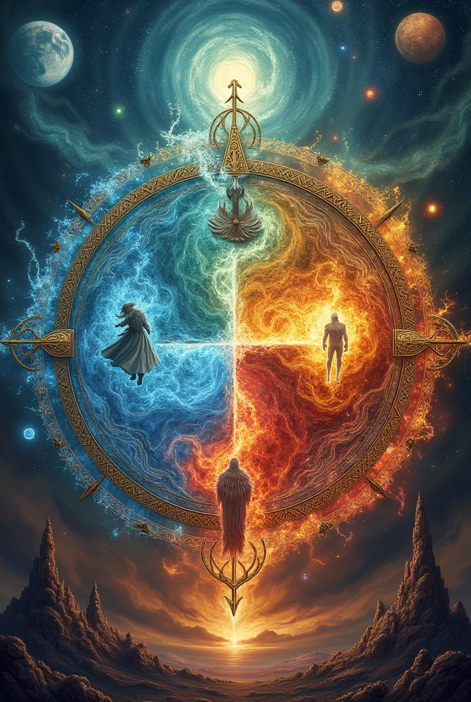 make an elemental map that has fire in north, water in south, earth in west and air in east