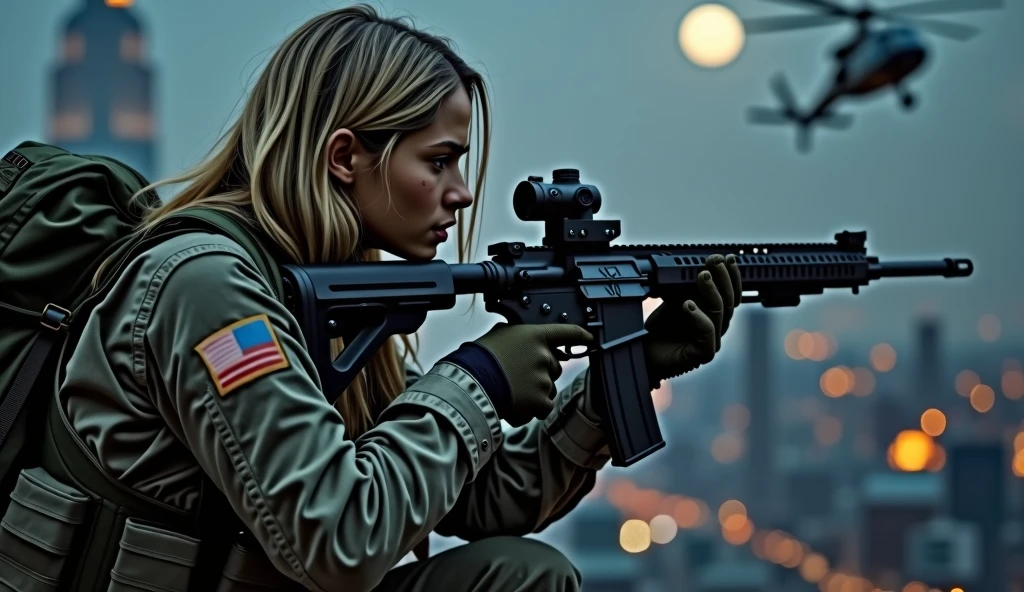 Photorealistic、Realistic skin texture、high resolution、High definition、Arabian girl in tiger stripe camouflage uniform、Manhattan night view in New York、Very beautiful 1 female soldier、Carrying a military backpack、Wearing a bulletproof vest、Aiming an automatic rifle、Holding a realistic sniper rifle、Looking through the scope of the rifle、Blonde medium-long hair、Young face、A military helicopter flies in the sky、The background is a skyscraper district、Smoky battlefield、The background is the night sky、Full moon in the sky、The person is a full-body angle、Watching the audience
