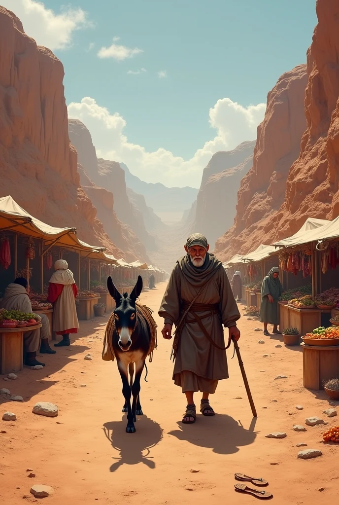 LnF , a donkey and an old man walking on a dirt road, with arid mountains of red earth around. They are leaving a city and on the side of the road there are small stalls with traders selling fruit., meats and leather sandals. This scenario is reminiscent of the Middle Ages.