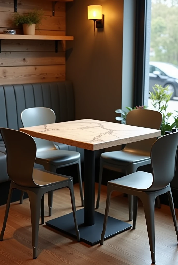 A square wooden restaurant table covered with white marble-colored wallpaper with 4 lead-silver-colored legs and two lead-silver-colored plastic chairs