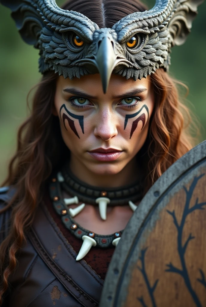 Close up face of beautiful viking queen, wooden shield in hand, eagle crown , tribal design on the eyes, Angry, bone ornaments on the neck, leather armor, focused