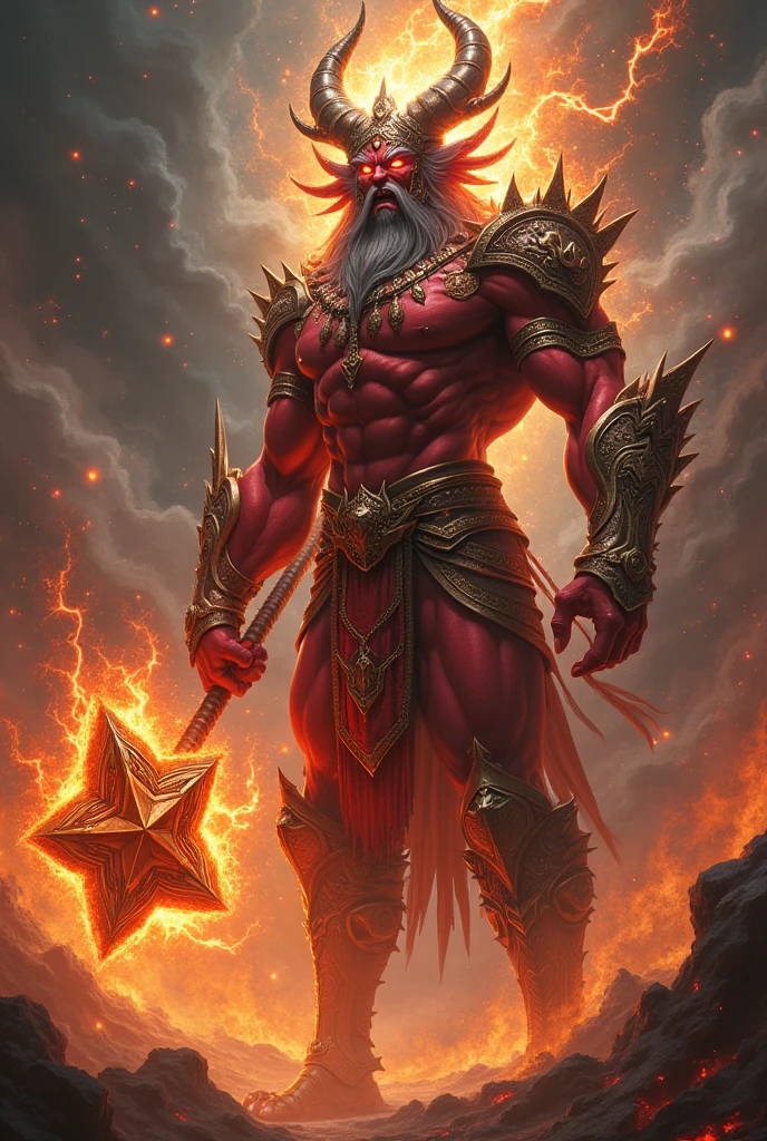 Evil Asura God wielding a star mace With fire 