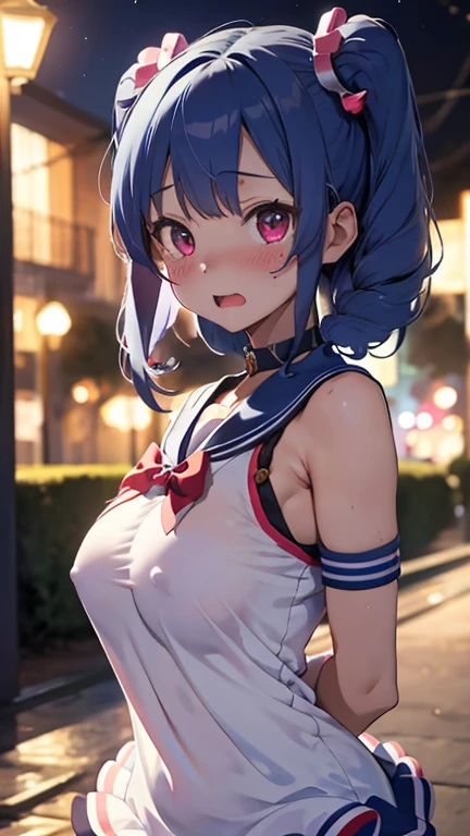 mastute piece,Best Quality,insanely detailed,8k cg,nsfw,
(shoot upper body:1.3),
(1girls:1.3),standing,looking at viewr,body in front,((both arms behind back:1.4)),(sailor magical-girl costume:1.3),break,
blush,shy,(ecstasy face),(trembling:1.2),break,(blue hair:1.2),
break,
perfect breasts,perfect teats,(open mouth:0.9),(large breasts),
(park:1.1),night,