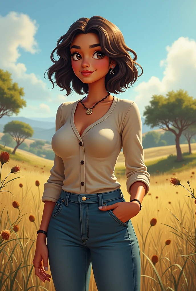 young latina woman her face has long oval shape has small narrow forehead, low hairline, downturned eyes, straight eyebrows And straight wide nose with a bumpy bridge, small mouth, of hourglass silhouette, large breasted, her wavy short hair Is dark chocolate in a buzzcut, she wears a fitted two button down long sleeves shirt And jeans, it's a Sunny day at the pastures, trees And bushes here and there