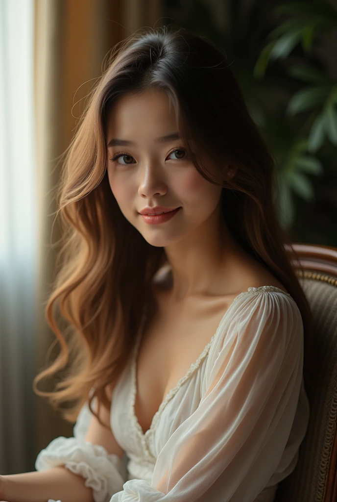 a beautiful girl sitting on a chair, brown hair, smiling, (best quality,4k,8k,highres,masterpiece:1.2),ultra-detailed,(realistic,photorealistic,photo-realistic:1.37),beautiful detailed eyes,beautiful detailed lips,extremely detailed eyes and face,longeyelashes,elegant,serene expression,warm lighting,soft colors,intricate details,portra 400 film,cinematic composition,depth of field,natural light