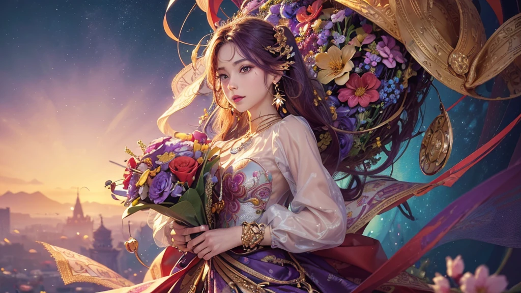 32K, 最高quality, 最高masterpiece, (ultra-Detailed Background, Detailed Background), High resolution, Super detailed, Very detailedな, 1 personの, (bouquet:1.3), (Tangled:1.2), (Geometric:1.2),(colorful),(masterpiece, quality, best quality, Official Art, Beautiful and beautiful:1.2), (1 person:1.3), Very detailed,(colorful:1.1)(Flowers:1.3),Most detailed,(Tangled:1.2), whole body, (Abstract background:1.3), (Skin glows), (Many colors:1.4), ,(Earrings Jewelry:1.5), Purple-red pale background, It's imaginative., Milk tea colored hair,