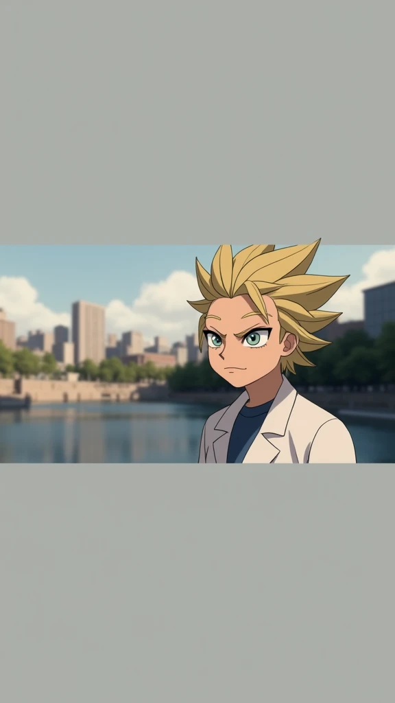 (1 boy, Rick Sanchez), (extremely detailed CG 8k wallpaper),(main part), (Best quality), (ultra detail), (best illustration),(стиль Ghibli), cowboy shot, (sharp eyeliner, ombre, Detailed eyes:1), city park, on open air , break , (Ghibli_background), upper body, white lab coat, Gray-blue hair, blue shirt,