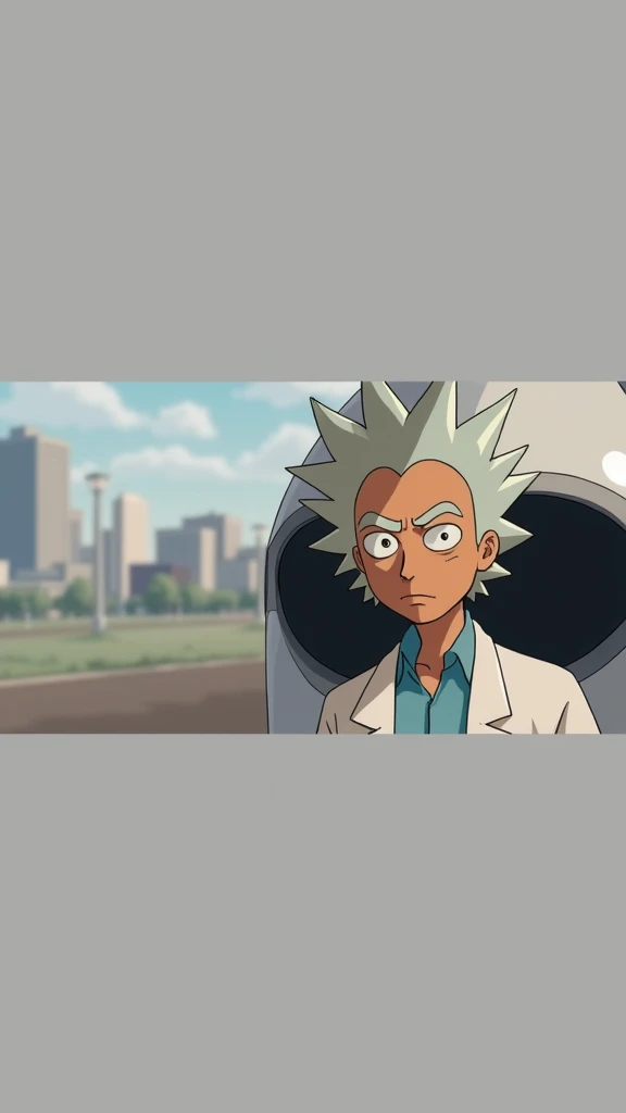 (1 boy, Rick Sanchez), (extremely detailed CG 8k wallpaper),(main part), (Best quality), (ultra detail), (best illustration),(стиль Ghibli), cowboy shot, (sharp eyeliner, ombre, Detailed eyes:1), city park, on open air , break , (Ghibli_background), upper body, white lab coat, Gray-blue hair, blue shirt,