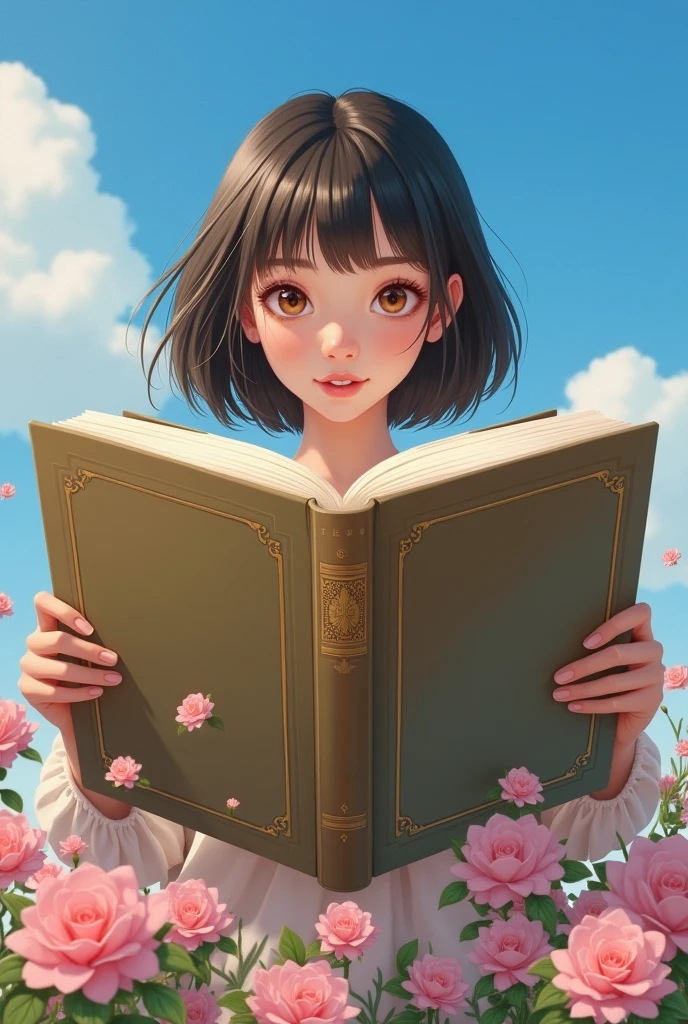 A is standing behind a big book and she is looking at us, the sky is blue and there is pink flowers on the floor