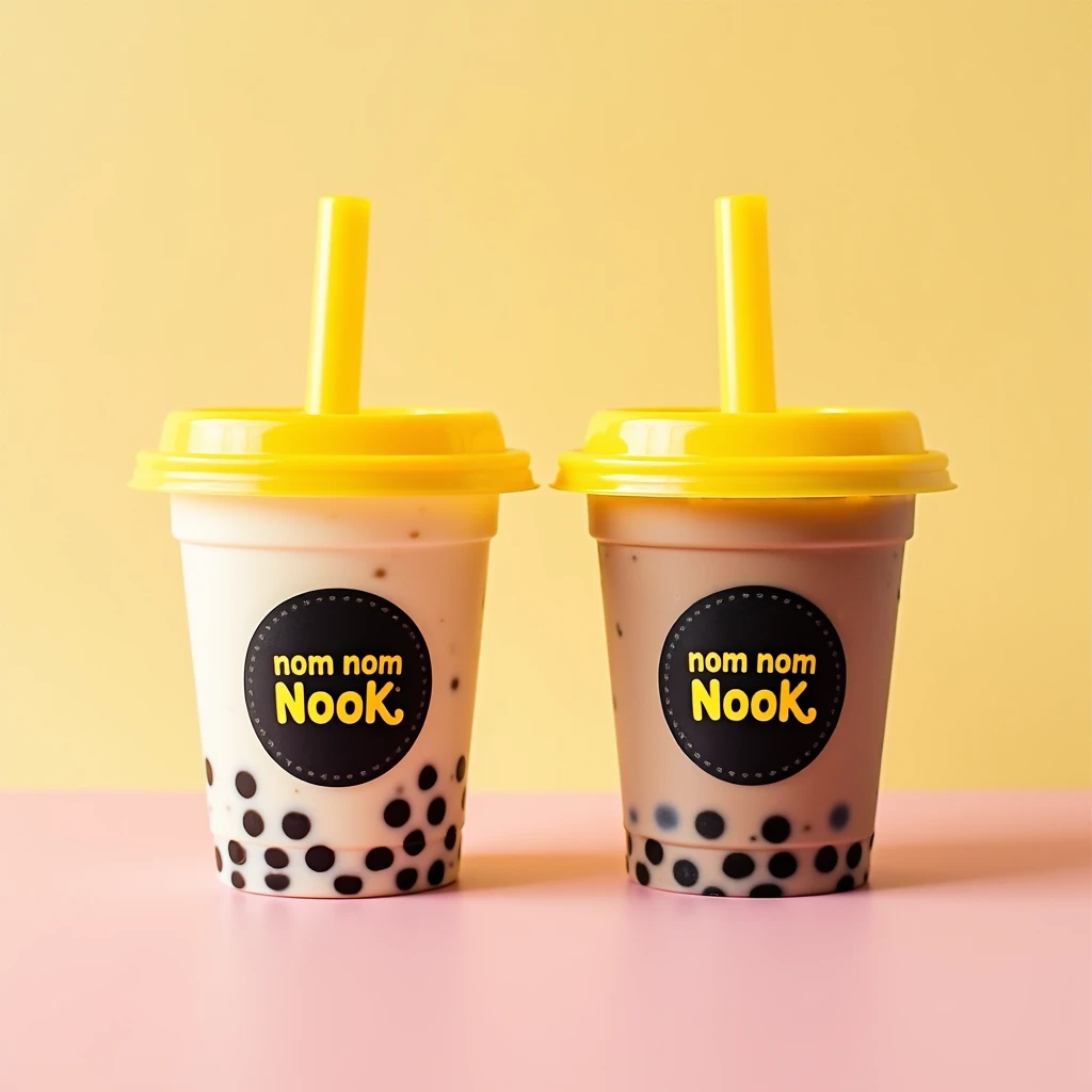 A poster advertising two boba drinks in short transparent sipper glasses with yellow lid and the glass having a black colour round sticker of the company called nom nom nook written in yellow and white