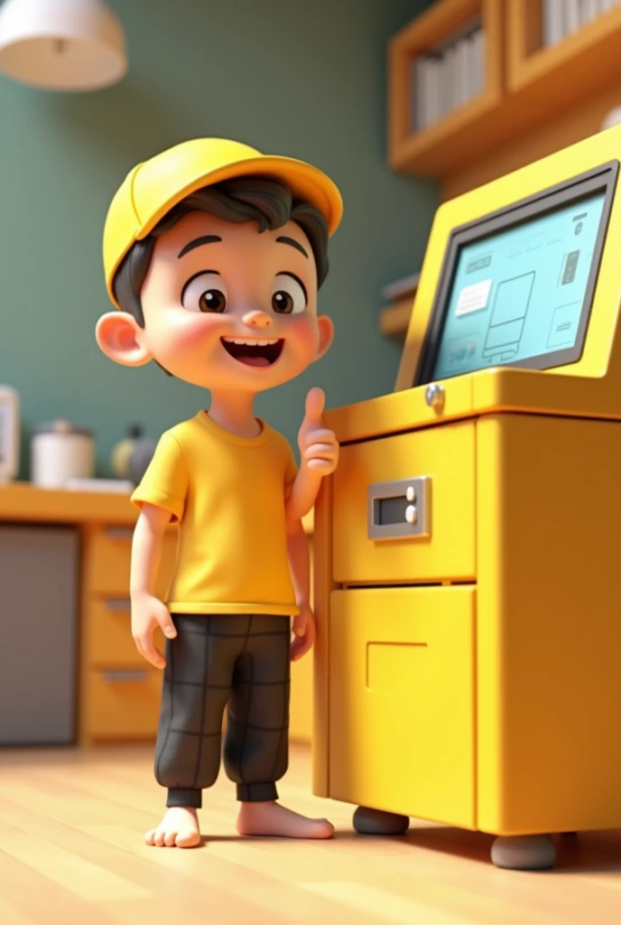 A boy wear black trouser yellow t-shirt with yellow cap standing with printer machine