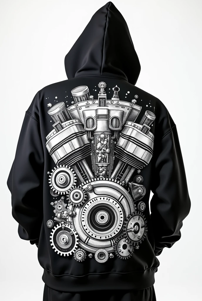 Back of a black oversized hoodie, with a large cartoon-style print featuring engine pistons, fire and gears and figures related to mechanical engineering in white and gray.