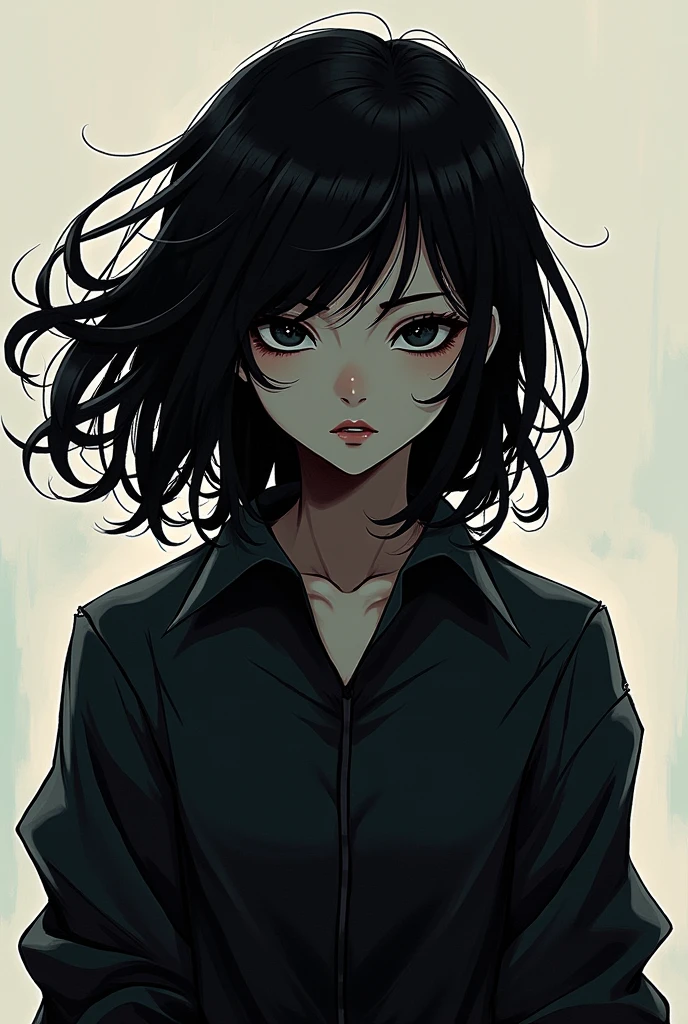 Black eyes,black skin,ugly,small nose,black hair,anime