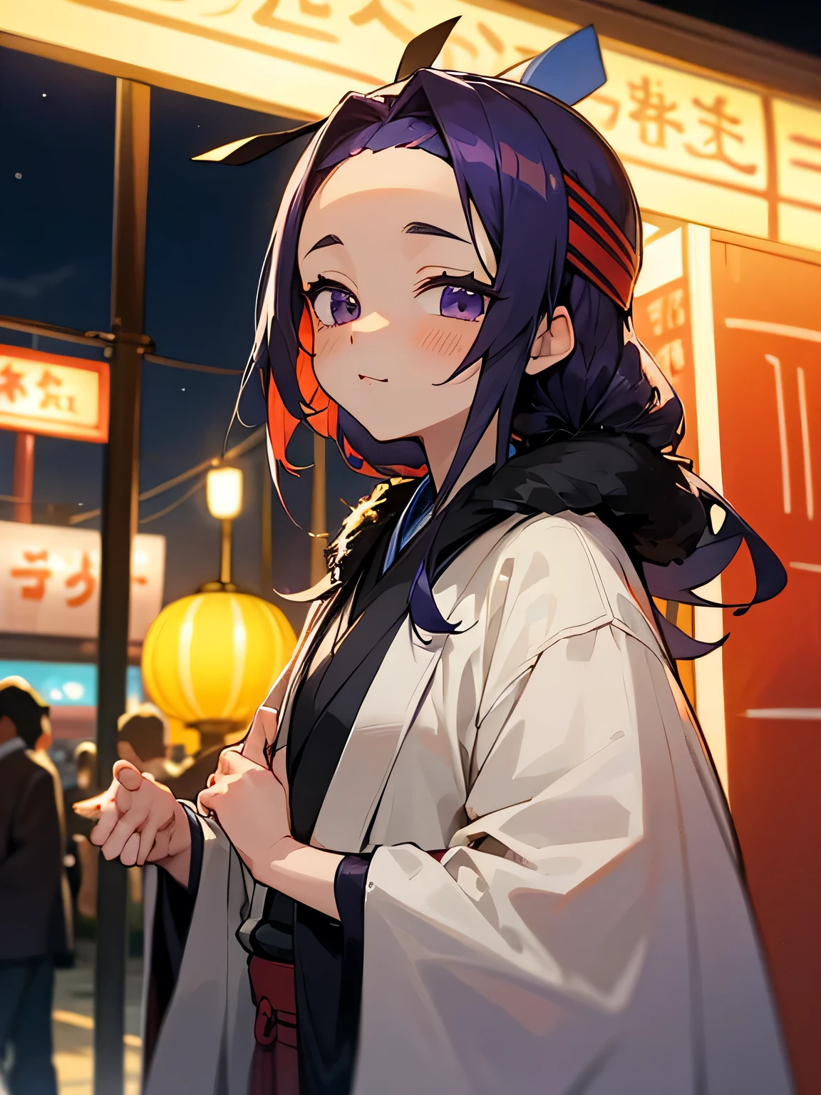 solo, upperbody,(young man),close up face,deep violet hair, horizontal French twist hair,big forehead, happi coat, headband, 恨むような細いtsurime,鋭い目つきでこちらを見ている、何か言いたい、, night festival, Japanese festival, lanterns, night shop street,
