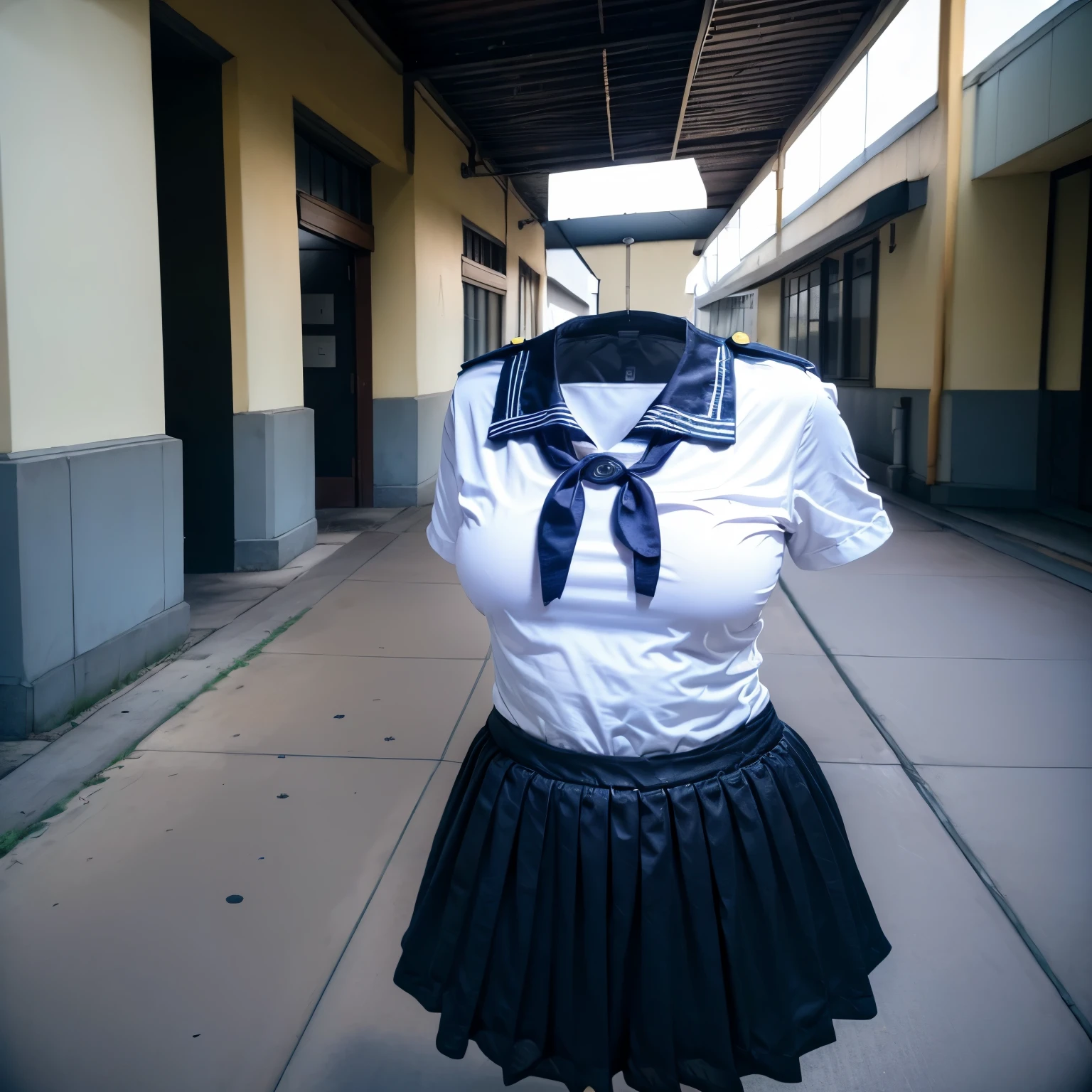 dark blue, school uniform, skirt, serafuku, pleated skirt, neckerchief, short sleeves, sailor collar, blue skirt, shirt, red neckerchief, blue socks, loafers, (invisible:1.5, no humans:1.5, headless:1.5, faceless:1.5), (cute big breasts:1.4), (8k, RAW photo, best quality, masterpiece:1.2), (realistic, photo-realistic:1.37), photon mapping, radiosity, ((Hasselblad photography)), physically-based rendering