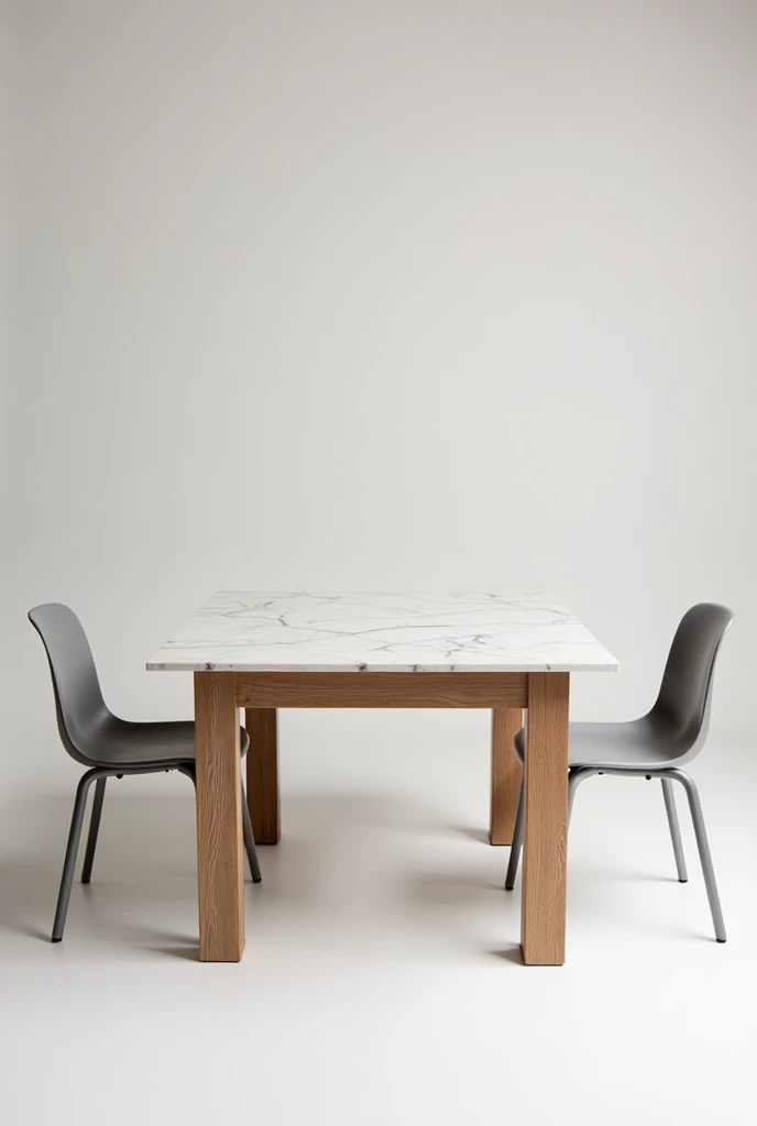 A square wooden restaurant table covered with white marble-colored wallpaper with the 4 wooden legs that are its base in silver-lead color and two silver-lead colored plastic chairs