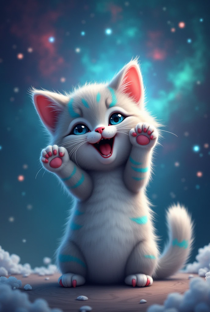 raise a cute and happy cat, he has his paws up, com as patas para cima, it is light gray, with turquoise, hiper 真实感, 真实感, super realistic the background is galaxy stars