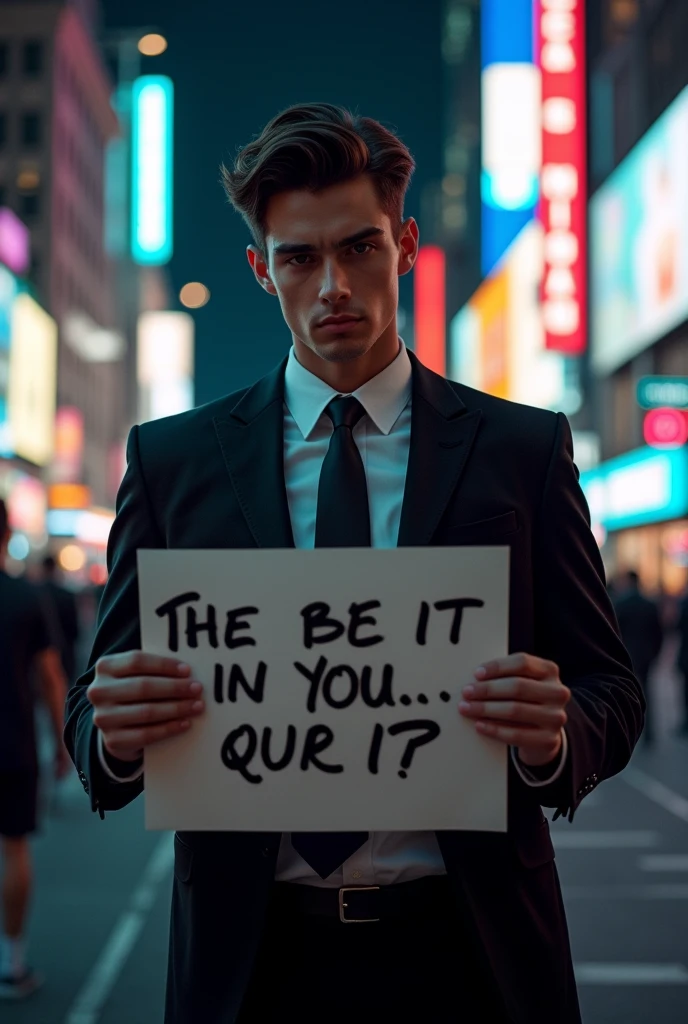 A young, handsome man in a nice black suit with black shoe is standing in a NEWYORK CITY AT NIGHT holding a sign that says, "REMEMBER, YOU ARE A CA 