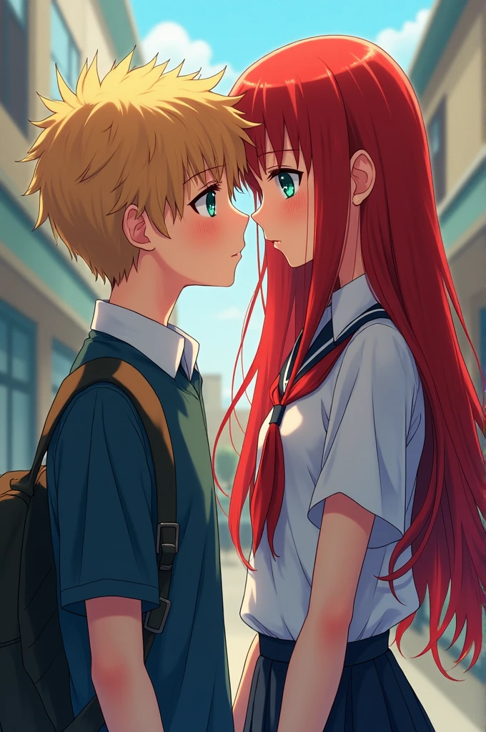 love beyond bully cover including shy poor scared blond hair blue eye boy and rich confident bold girl with long red hair and greenish blue eyes in school uniform and school