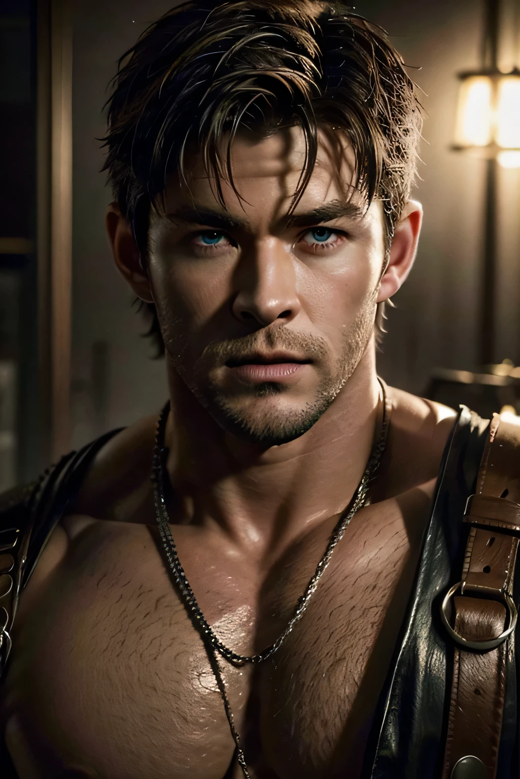 Chris Hemsworth, bulge, epic battle, muscular male figure, chiseled jawline, piercing eyes, rugged features, heroic pose, dramatic lighting, cinematic atmosphere, gritty realism, muted color palette, oil painting, highly detailed, 8k, photorealistic, masterpiece